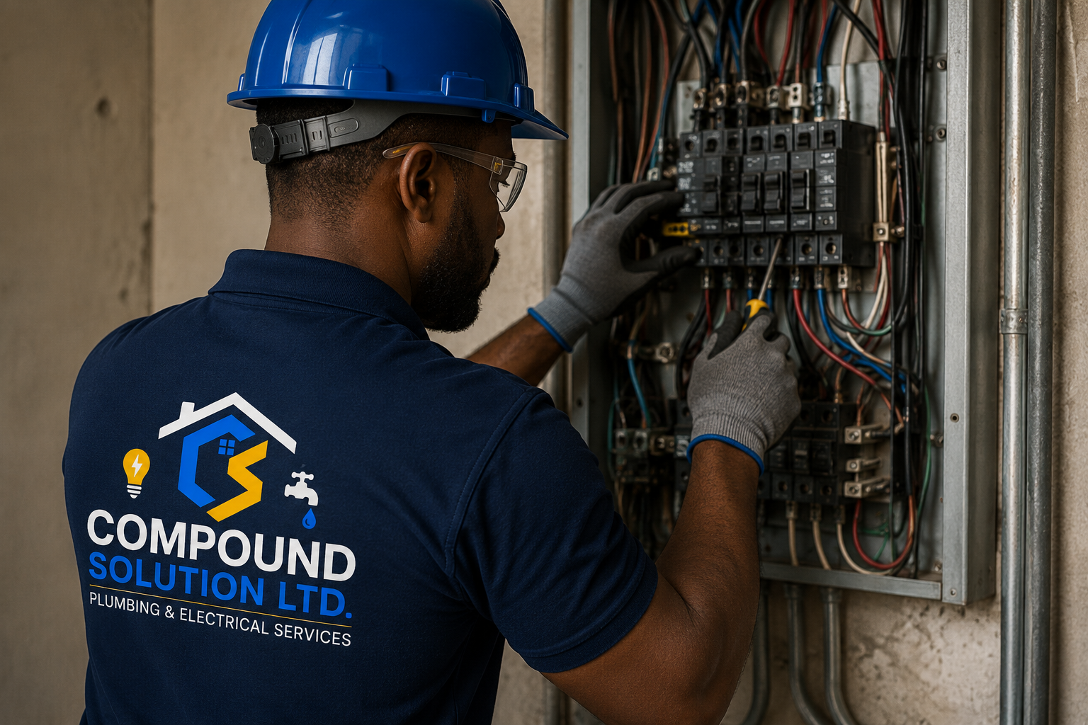 Compound Solutions electrician servicing a breaker panel